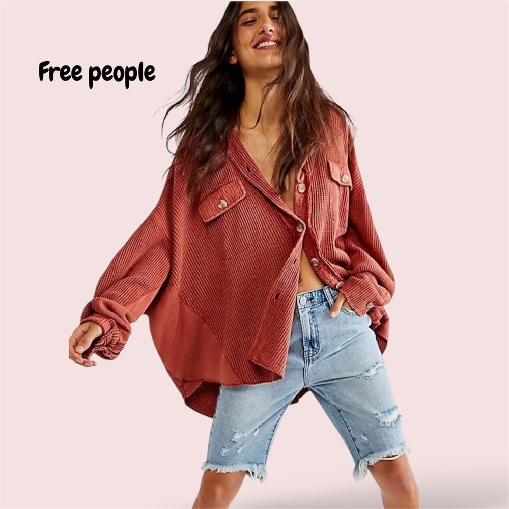 Free People Oversized Waffle Knit Button Up Shirt Jacket Terra Cotta Size L